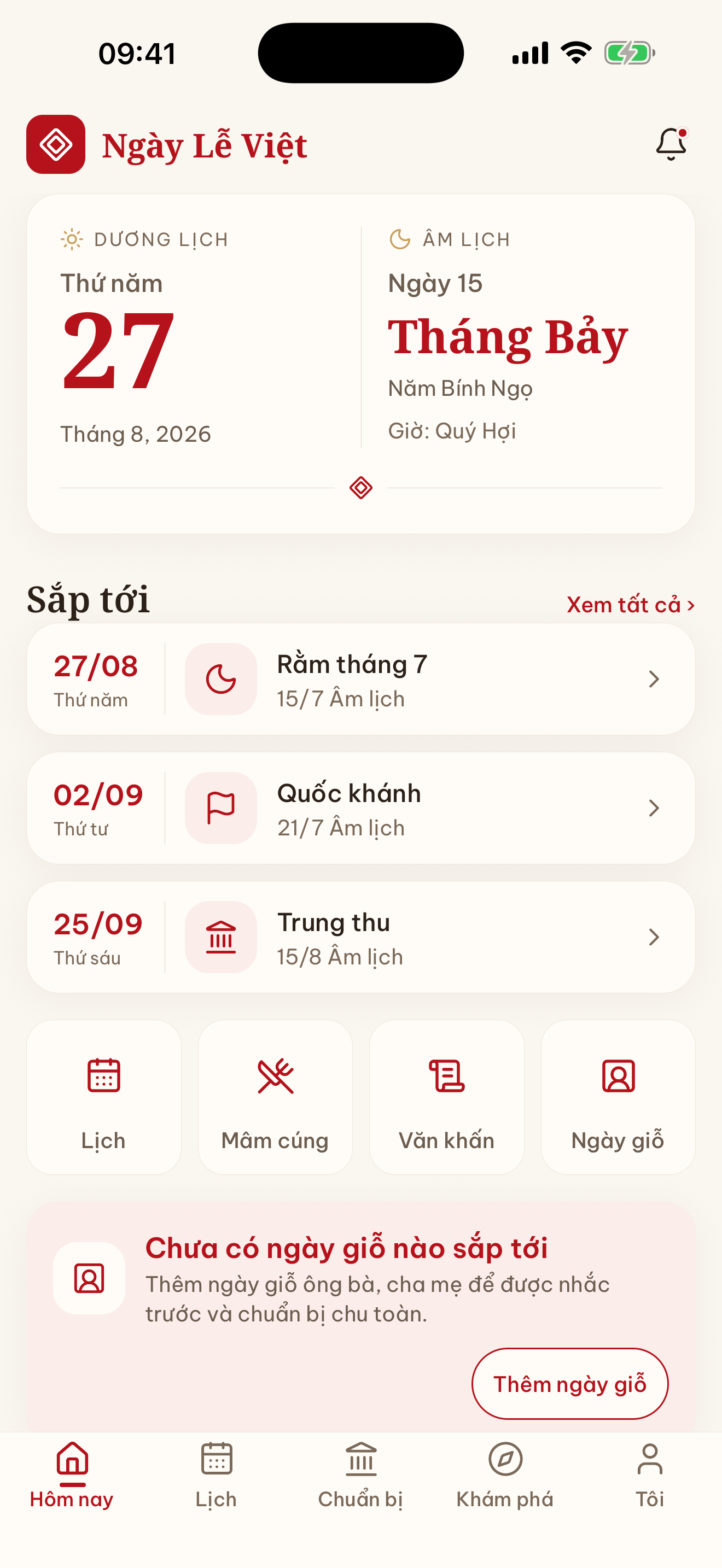 Màn hình lịch âm dương hôm nay