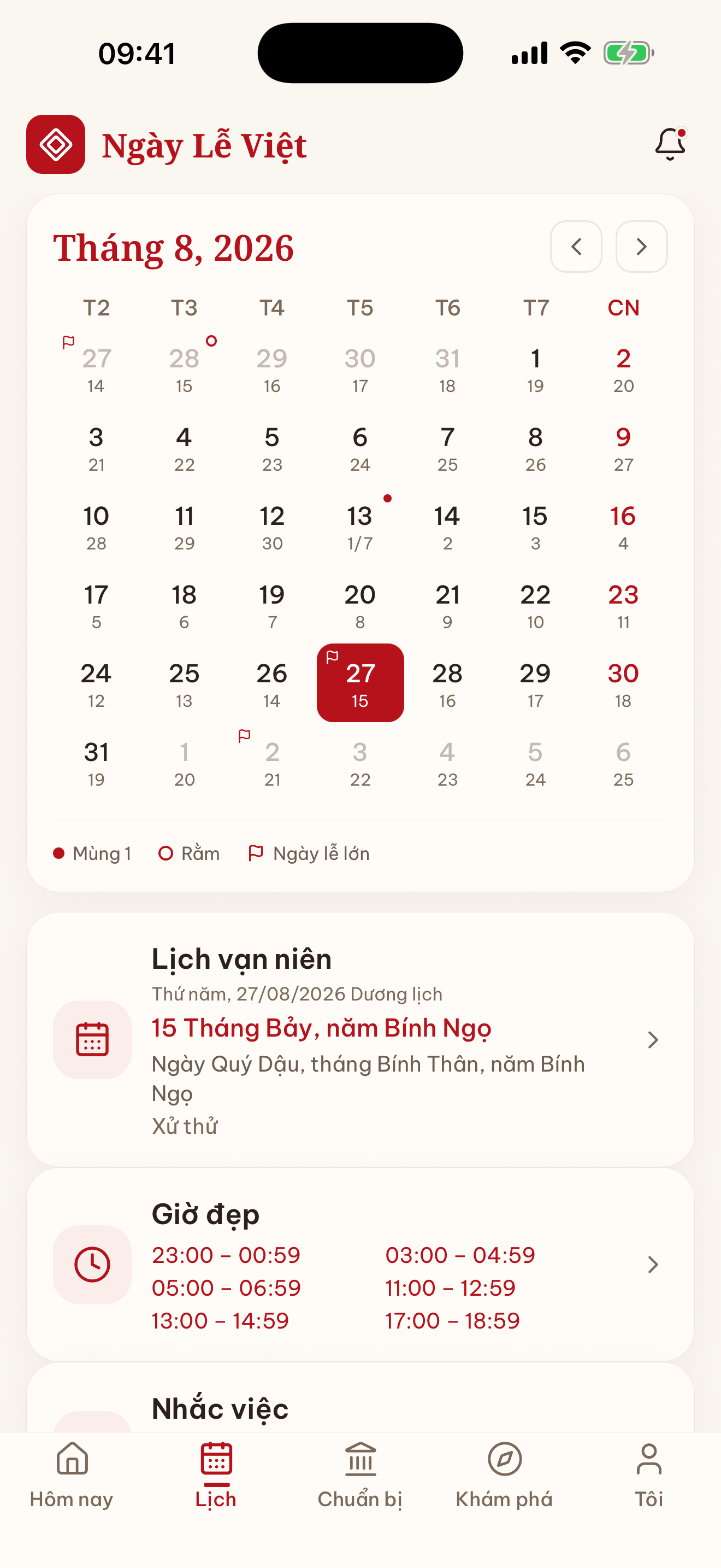 Màn hình lịch vạn niên theo tháng
